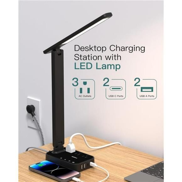 LED desk lamp with USB charging ports power strip adjustable brightness for offi - Picture 2 of 8